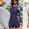 Flower Print Plus Size One-Piece Swimsuit With Zipper