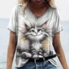 Summer Cat Print T-Shirt, Oversized Women’s Top