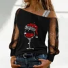 Off Shoulder Christmas Blouse Wine Glass Print