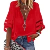 Women’s Casual V-Neck Blouse: Zipper, 3/4 Sleeve