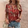 Women’s Retro Floral V-Neck T-Shirt – Summer Casual Tee