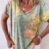 Women’s 3D Map Print V-Neck T-Shirt Casual Tops