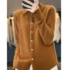 Women Merino Wool Polo Sweater Cardigan